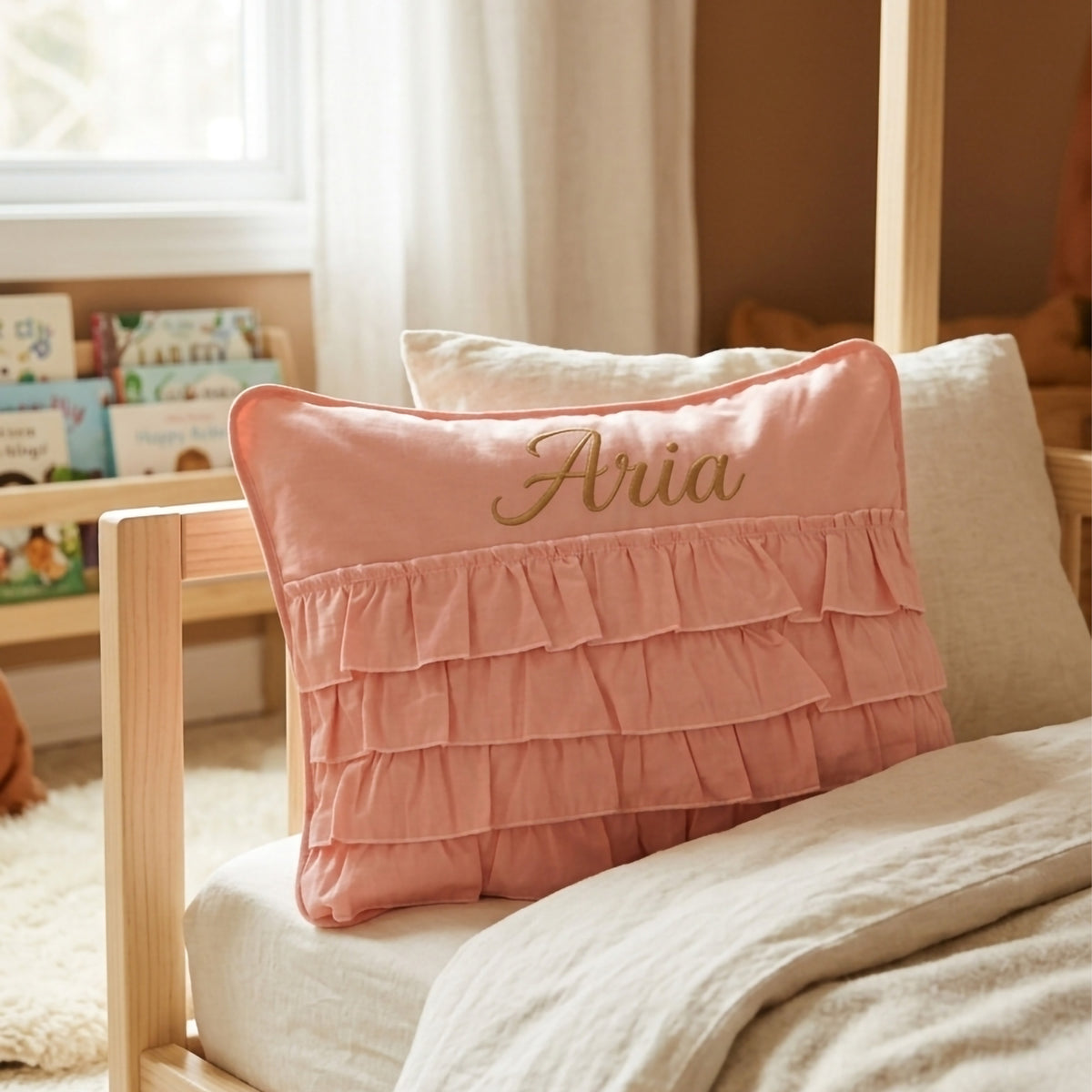 Personalisiertes Baby-Kissen mit Handstickerei – Luna-Serie Rosa – Geburtsgeschenk – Joyful Kids – Foto 2