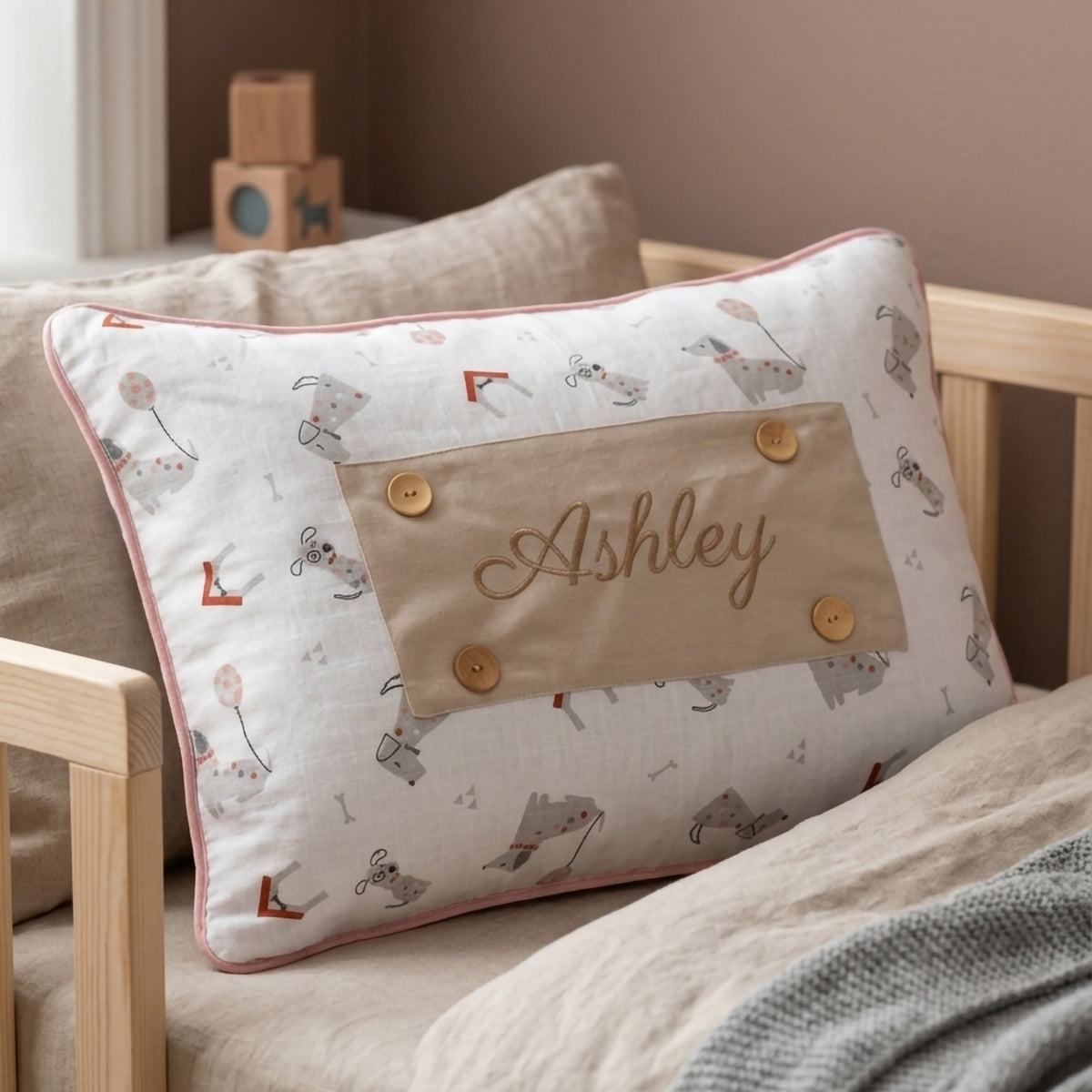 Personalisiertes Baby-Kissen mit Handstickerei – Puppy-Serie – Geburtsgeschenk – Joyful Kids – Foto 3