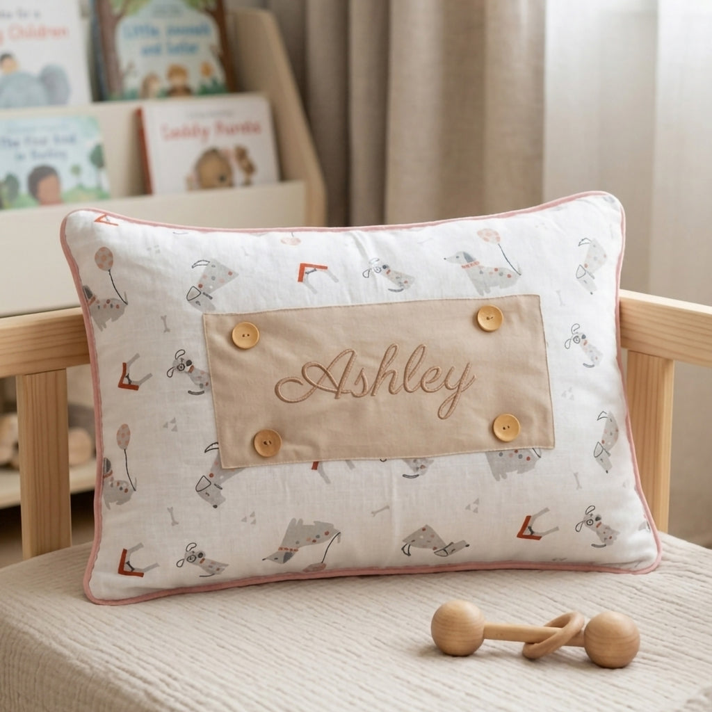 Personalisiertes Baby-Kissen mit Handstickerei – Puppy-Serie – Geburtsgeschenk – Joyful Kids – Foto 2
