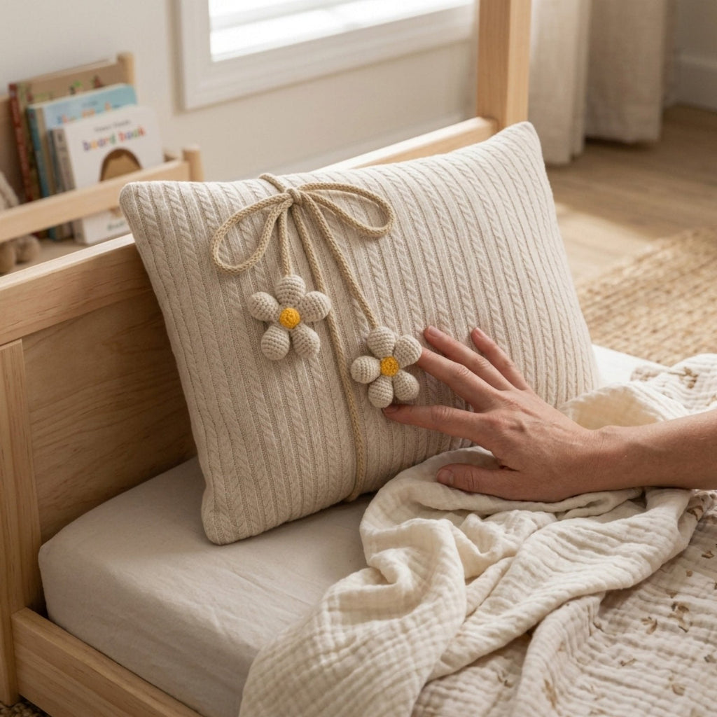 Daisy Dekokissen mit Amigurumi-Gänseblümchen – 45x35 handgefertigte Steppdecke – Boutique – Joyful Kids – Foto 5