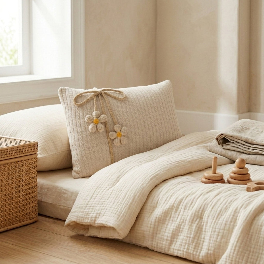 Daisy Dekokissen mit Amigurumi-Gänseblümchen – 45x35 handgefertigte Steppdecke – Boutique – Joyful Kids – Foto 6