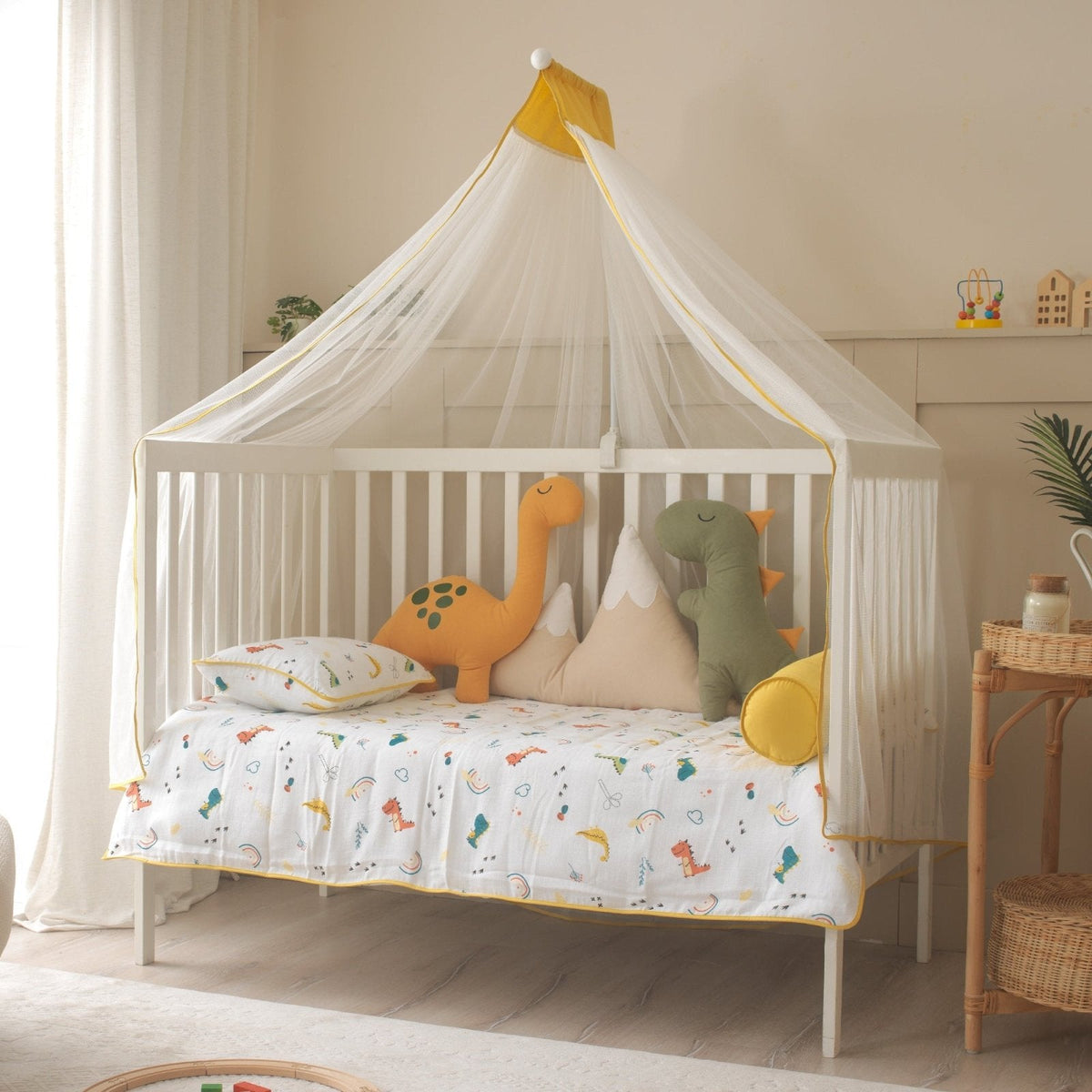 Baby-Schlafset Dino – Musselin Dinosaurier Gelb-Taupe – Joyful Kids – Foto 1