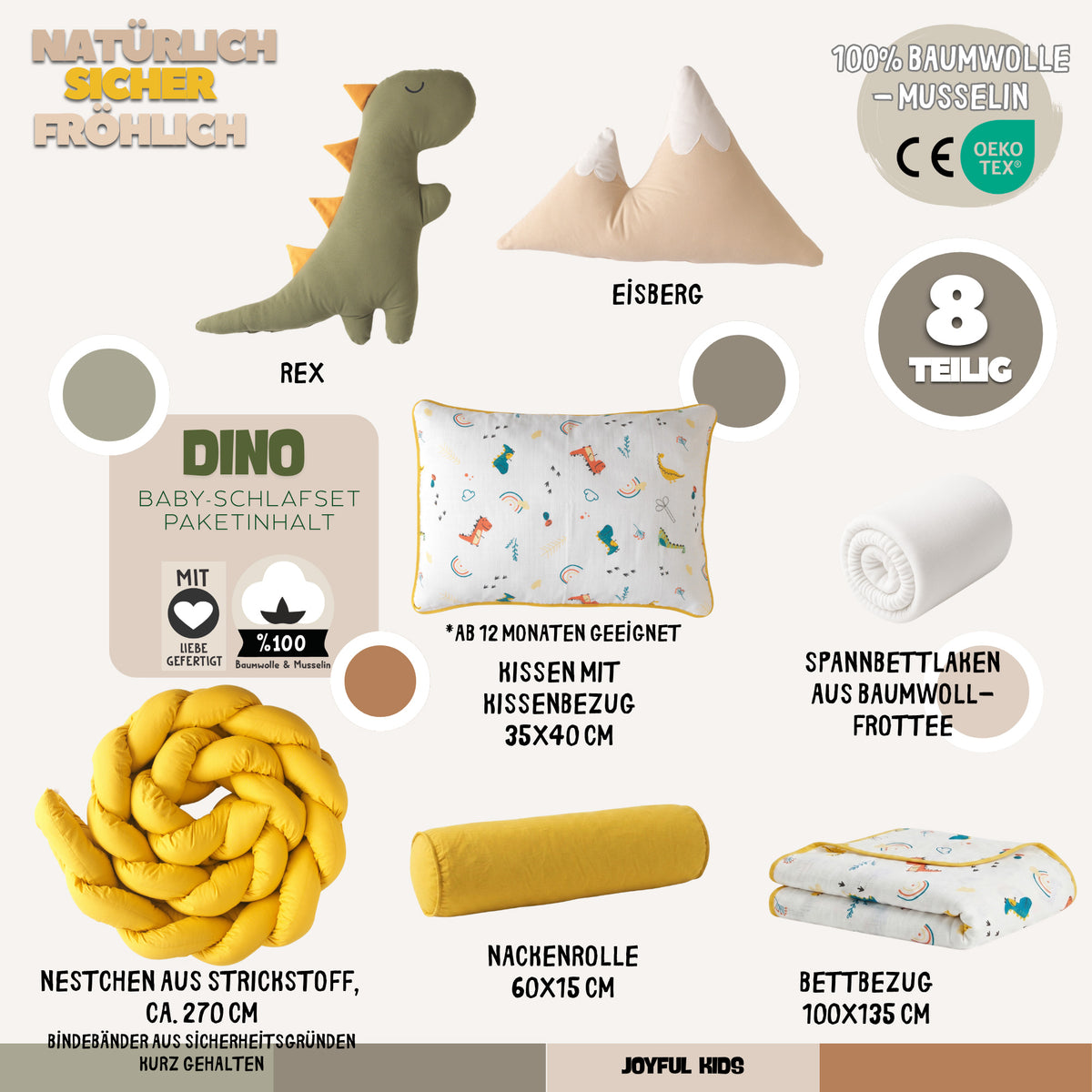 Dino Baby-Schlafset mit Nestchen – Gelb & Taupe – Foto 4