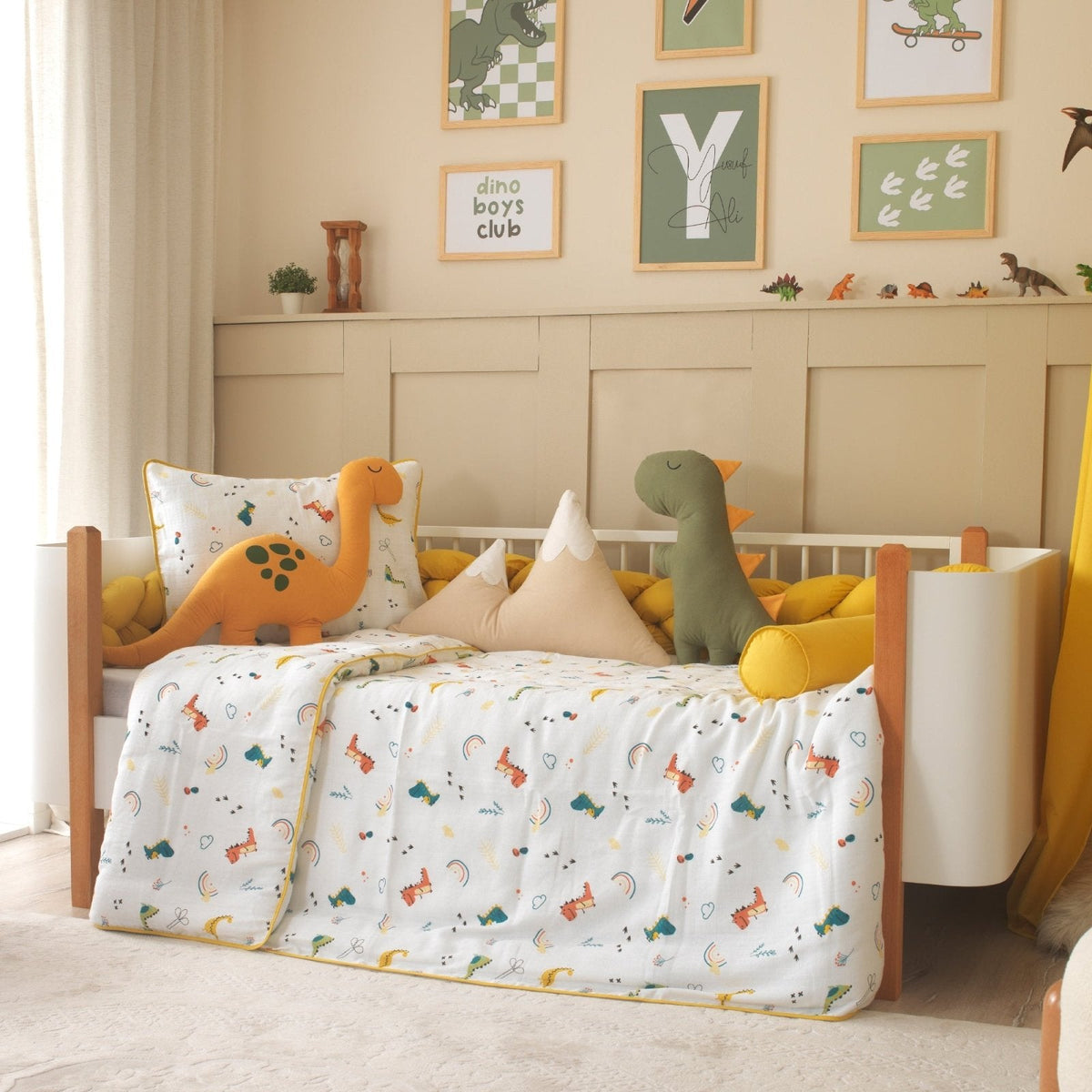 Montessori-Baby-Schlafset Dino – Senfgelb & Taupe – 100 % Musselin, 9-teilig – Joyful Kids – Foto 1