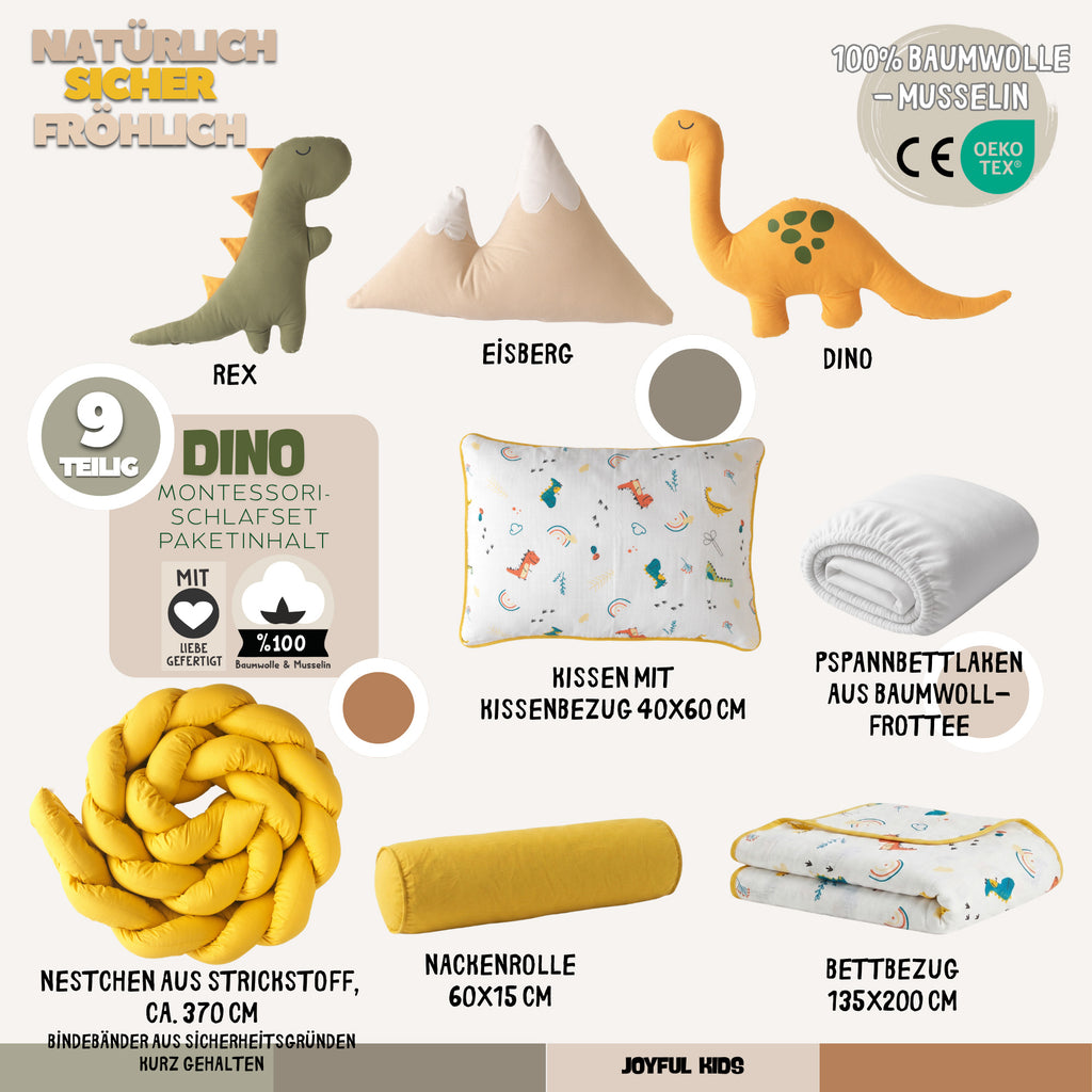 Montessori-Baby-Schlafset Dino – Senfgelb & Taupe – 100 % Musselin, 9-teilig – Joyful Kids – Foto 4