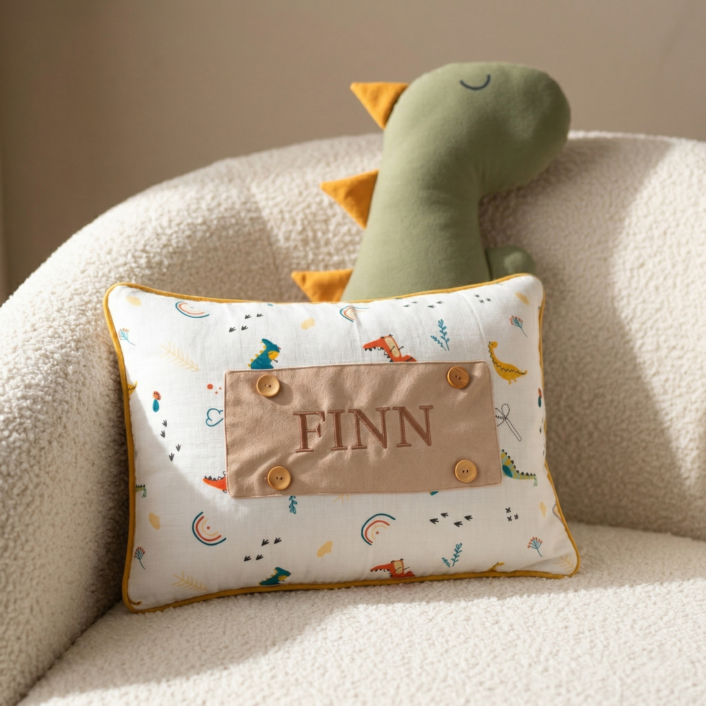 Personalisiertes Baby-Kissen mit Handstickerei – Dino-Serie – Geburtsgeschenk – Joyful Kids – Foto 5