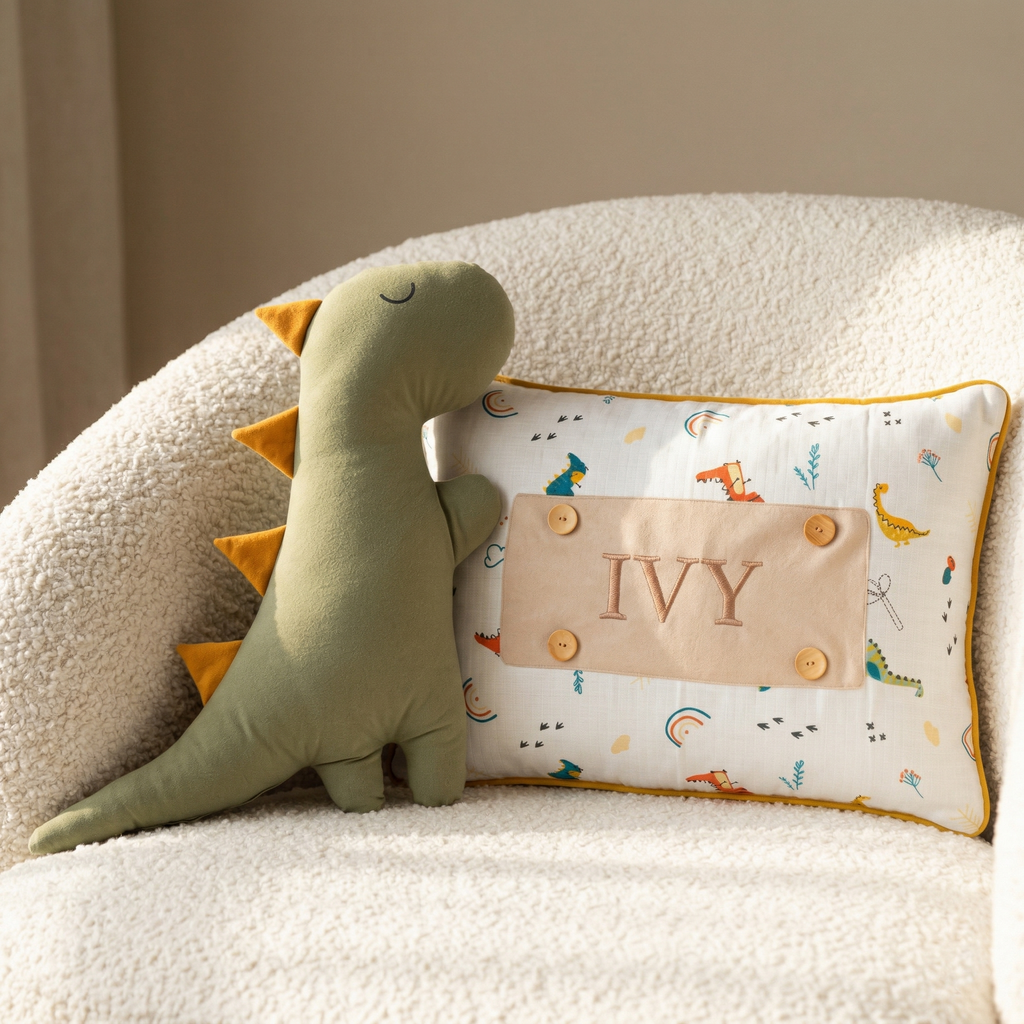 Personalisiertes Baby-Kissen mit Handstickerei – Dino-Serie – Geburtsgeschenk – Joyful Kids – Foto 3