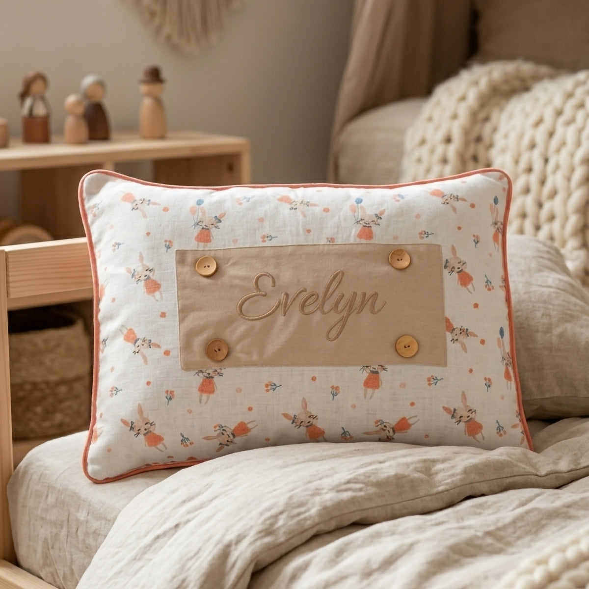 Personalisiertes Baby-Kissen mit Handstickerei – Rabbit-Serie – Geburtsgeschenk – Joyful Kids – Foto 2
