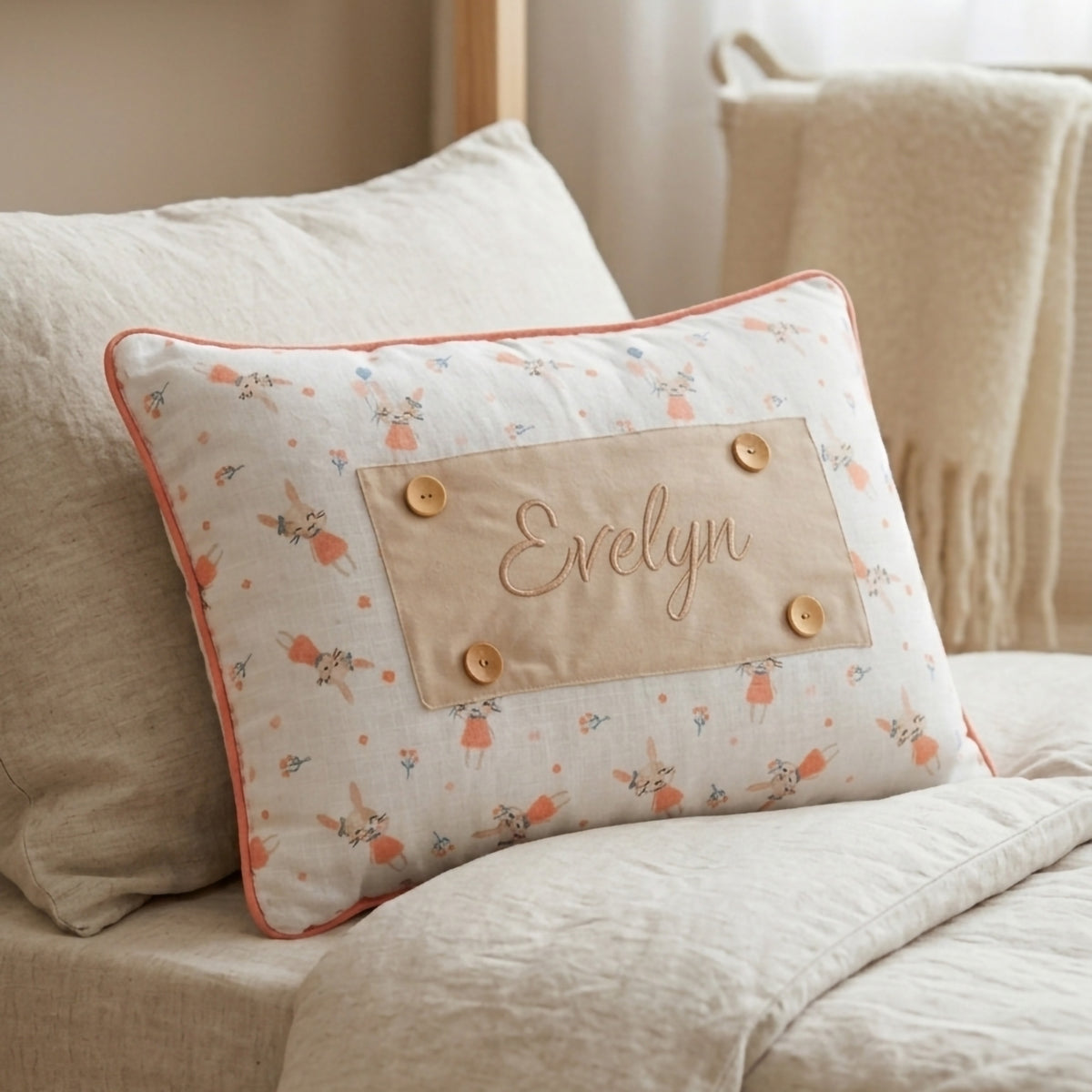 Personalisiertes Baby-Kissen mit Handstickerei – Rabbit-Serie – Geburtsgeschenk – Joyful Kids – Foto 4