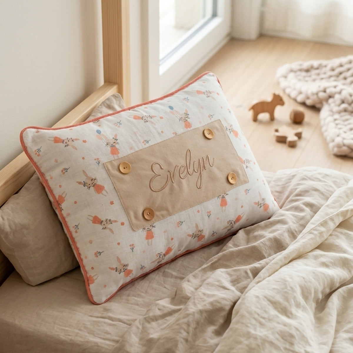 Personalisiertes Baby-Kissen mit Handstickerei – Rabbit-Serie – Geburtsgeschenk – Joyful Kids – Foto 5