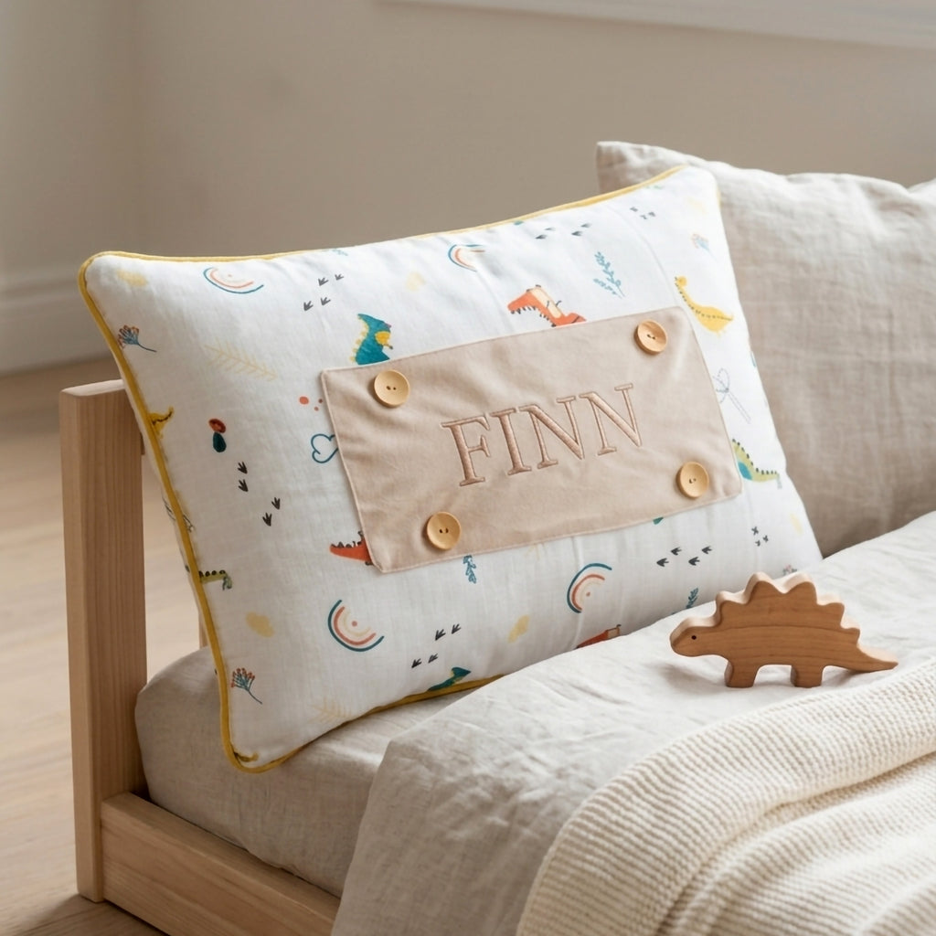 Personalisiertes Baby-Kissen mit Handstickerei – Dino-Serie – Geburtsgeschenk – Joyful Kids – Foto 4