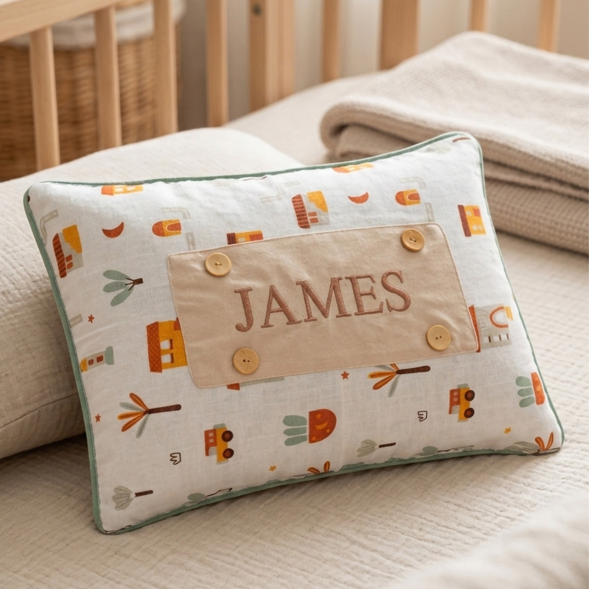 Personalisiertes Baby-Kissen mit Handstickerei – My-City-Serie – Geburtsgeschenk – Joyful Kids – Foto 6