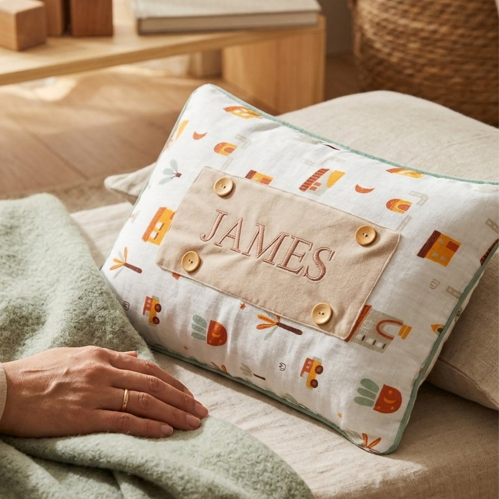 Personalisiertes Baby-Kissen mit Handstickerei – My-City-Serie – Geburtsgeschenk – Joyful Kids – Foto 5
