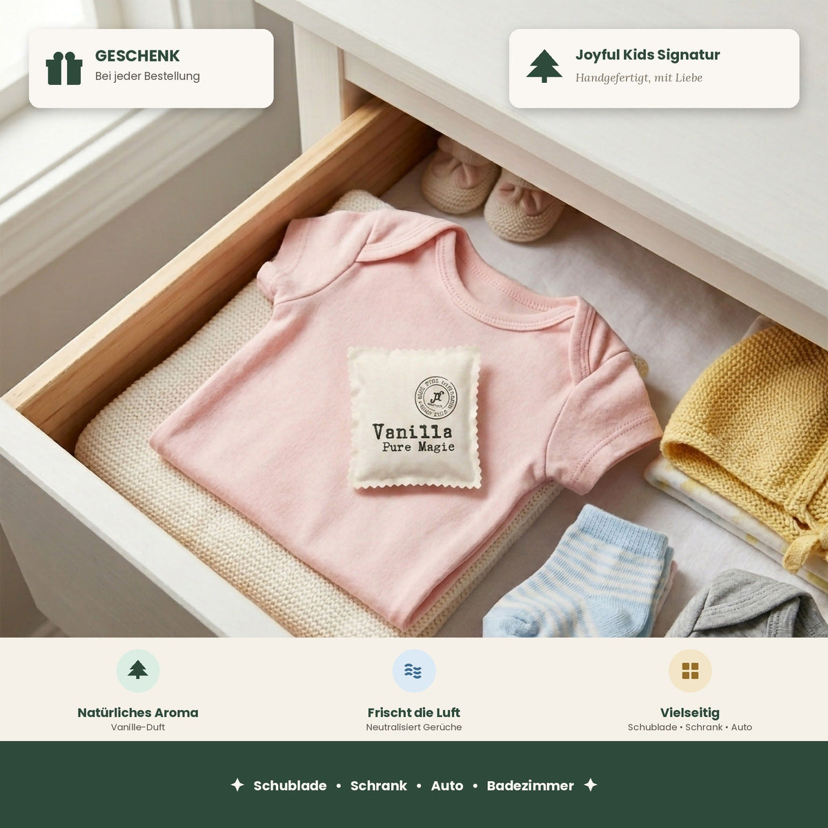 Lavendel-Vanille-Duftsäckchen als Geschenk in der Babykleiderschublade – Joyful Kids