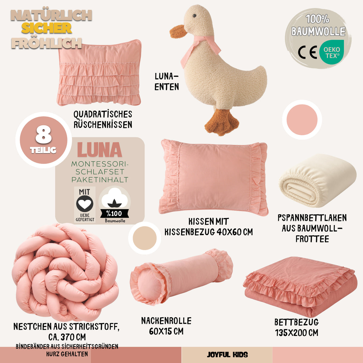 Montessori-Baby-Schlafset für Mädchen – Luna Rosa-Rüschen – 100 % Baumwolle – Joyful Kids – Foto 5