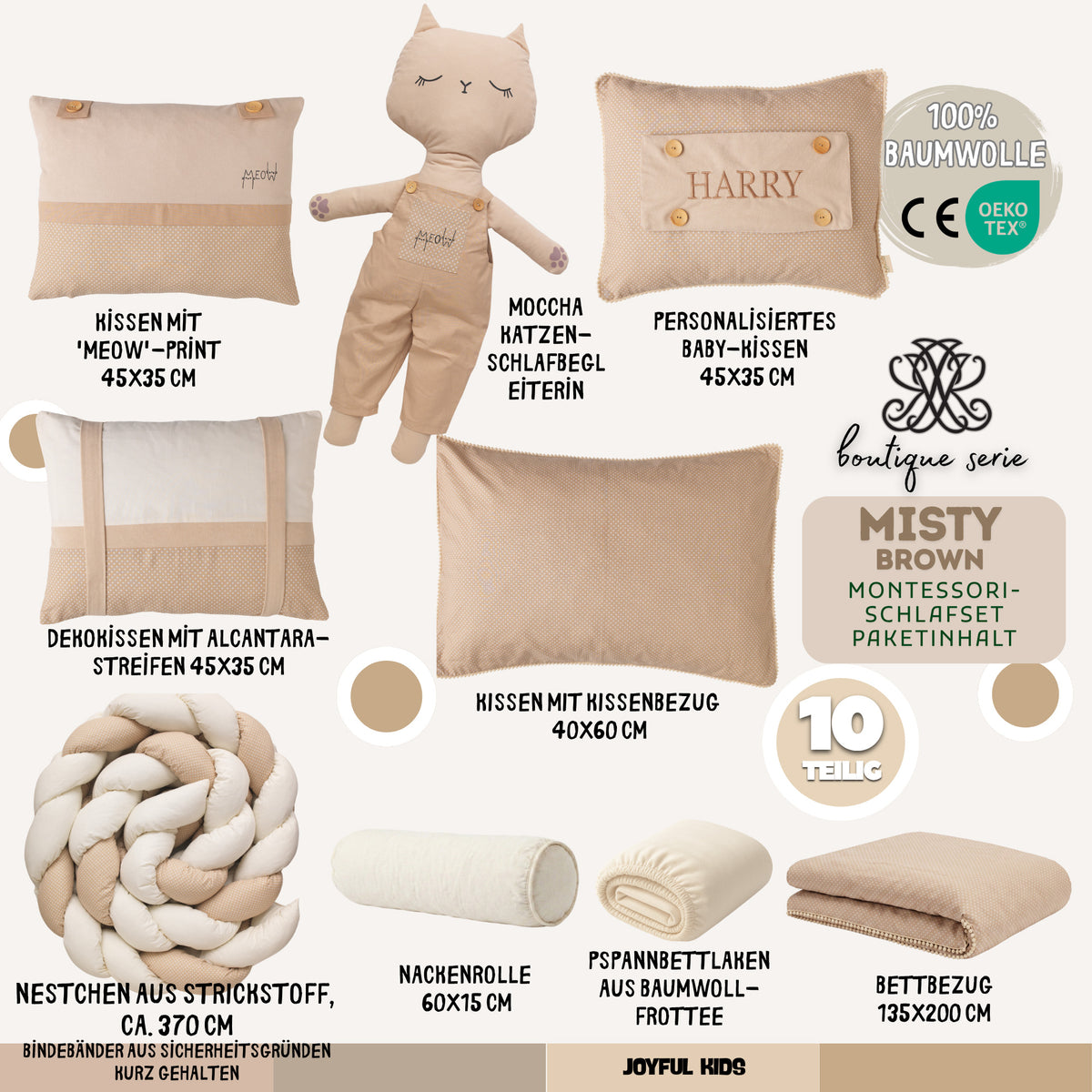 Montessori-Baby-Schlafset – Misty Brown Bommel-Katze – 8-teilig – Joyful Kids – Foto 5