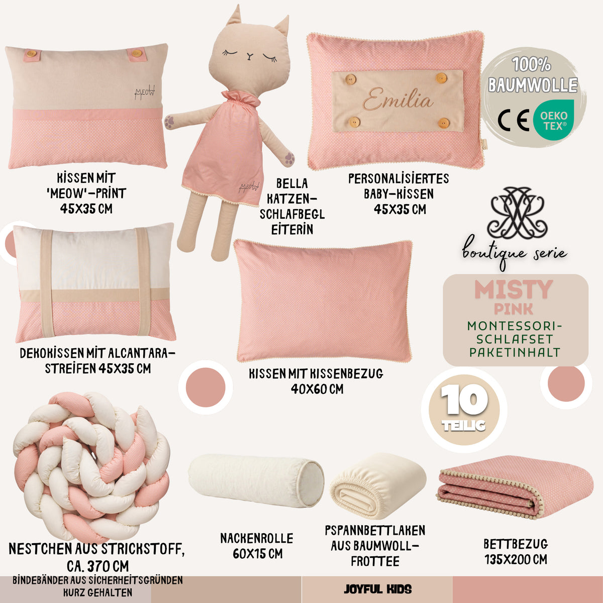 Montessori-Baby-Schlafset für Mädchen – Rosa Bommel-Katze – 8-teilig – Joyful Kids – Foto 5