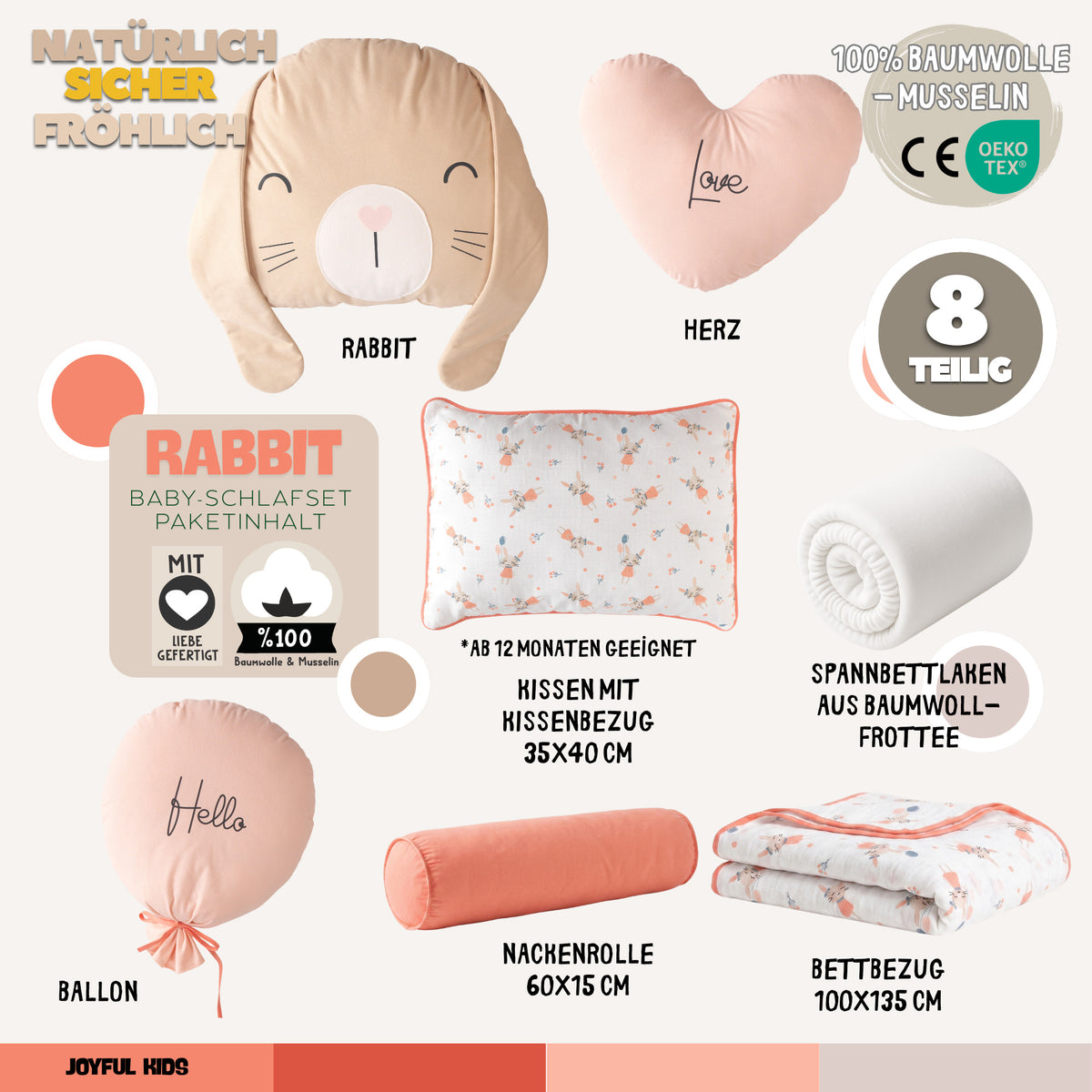 Baby-Schlafset für Mädchen Hase – Koralle Musselin – Joyful Kids – Foto 5