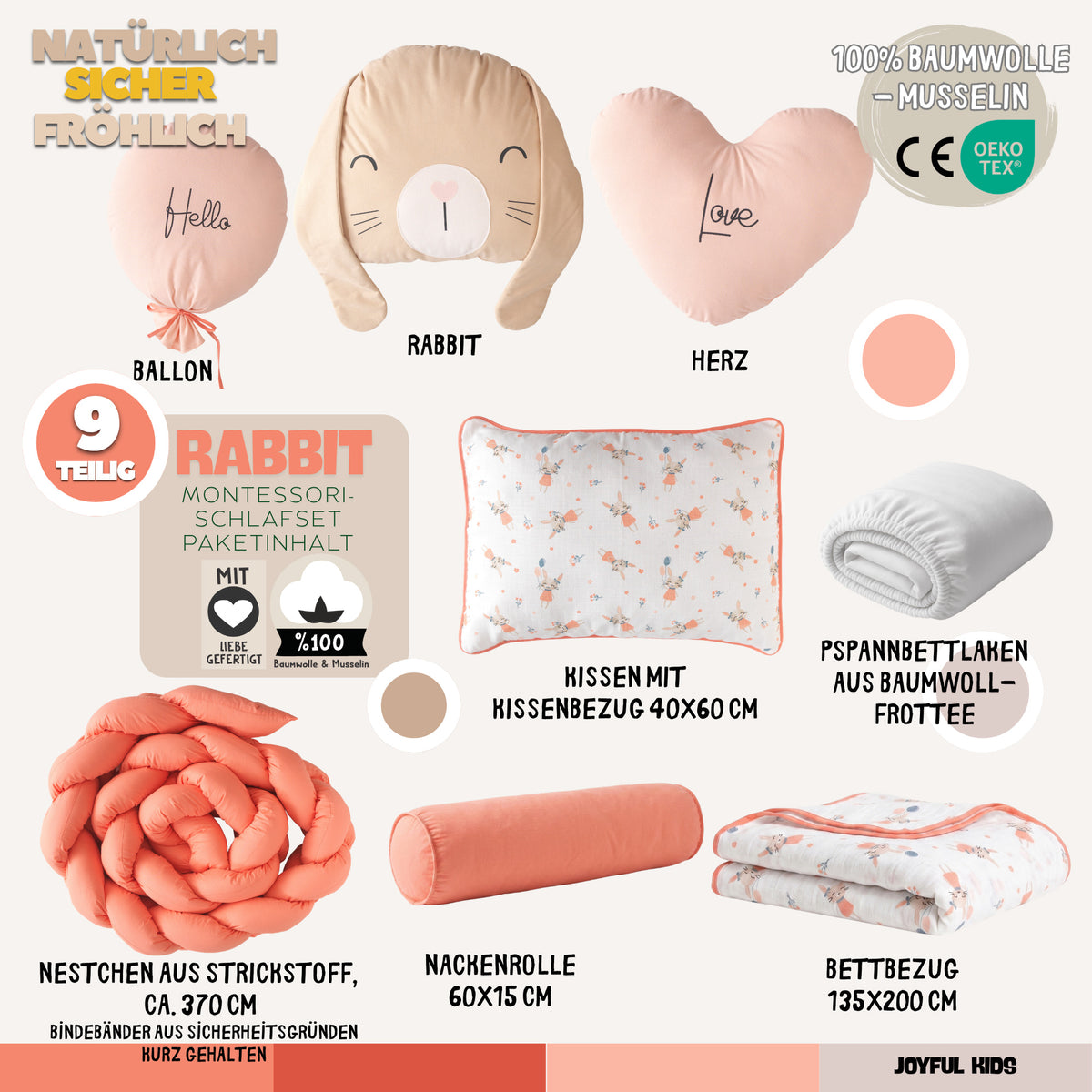 Montessori-Baby-Schlafset für Mädchen – Rabbit Hase Koralle – 9-teilig – Joyful Kids – Foto 5