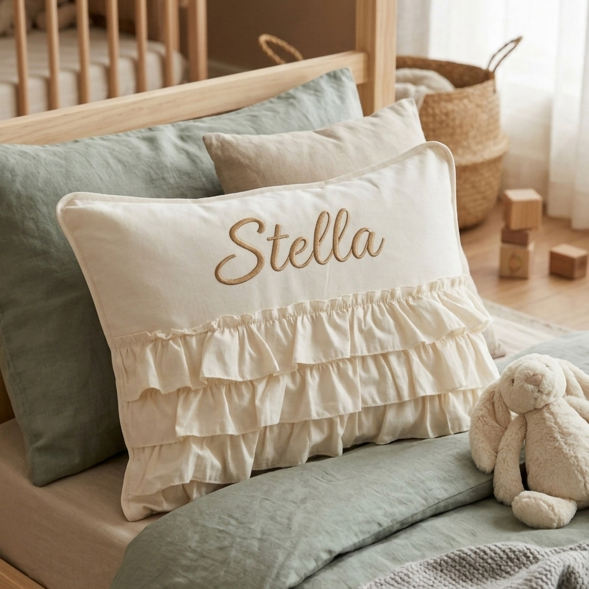 Personalisiertes Baby-Kissen mit Handstickerei – Luna-Serie Creme – Geburtsgeschenk – Joyful Kids – Foto 2