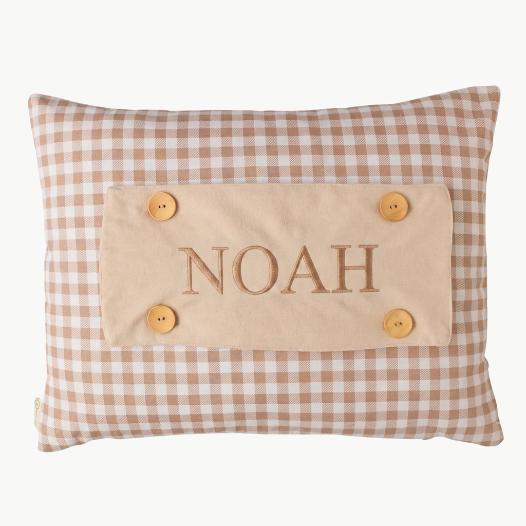 Personalisiertes Baby-Kissen mit Handstickerei – Teddy Vichy-Karo – Geburtsgeschenk – Joyful Kids – Foto 1