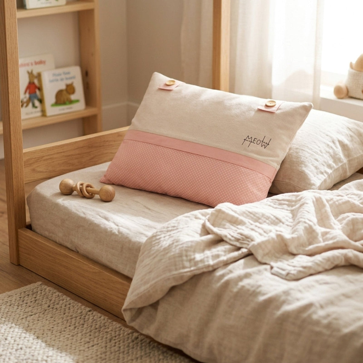 Misty Pink Kissen mit Meow-Print-Katze – 45x35 Boutique Deko – Joyful Kids – Foto 3