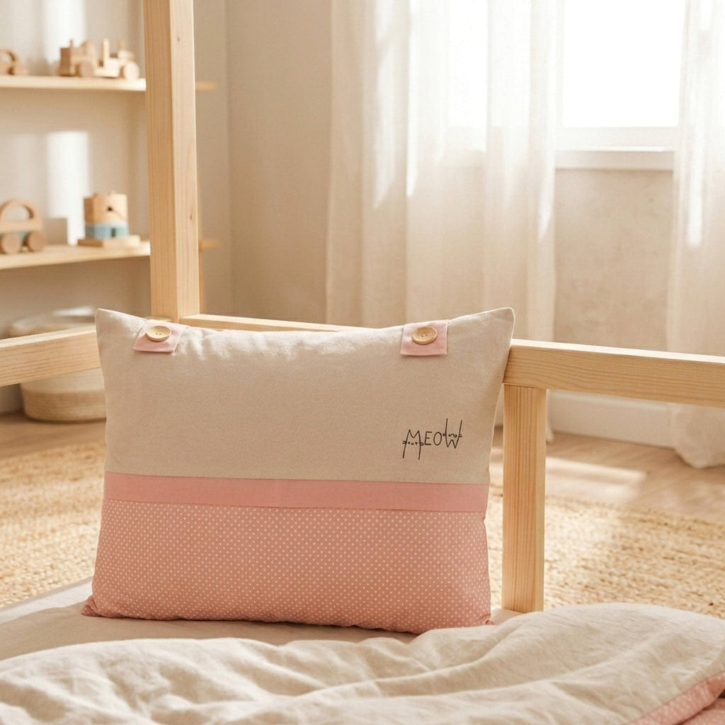 Misty Pink Kissen mit Meow-Print-Katze – 45x35 Boutique Deko – Joyful Kids – Foto 2